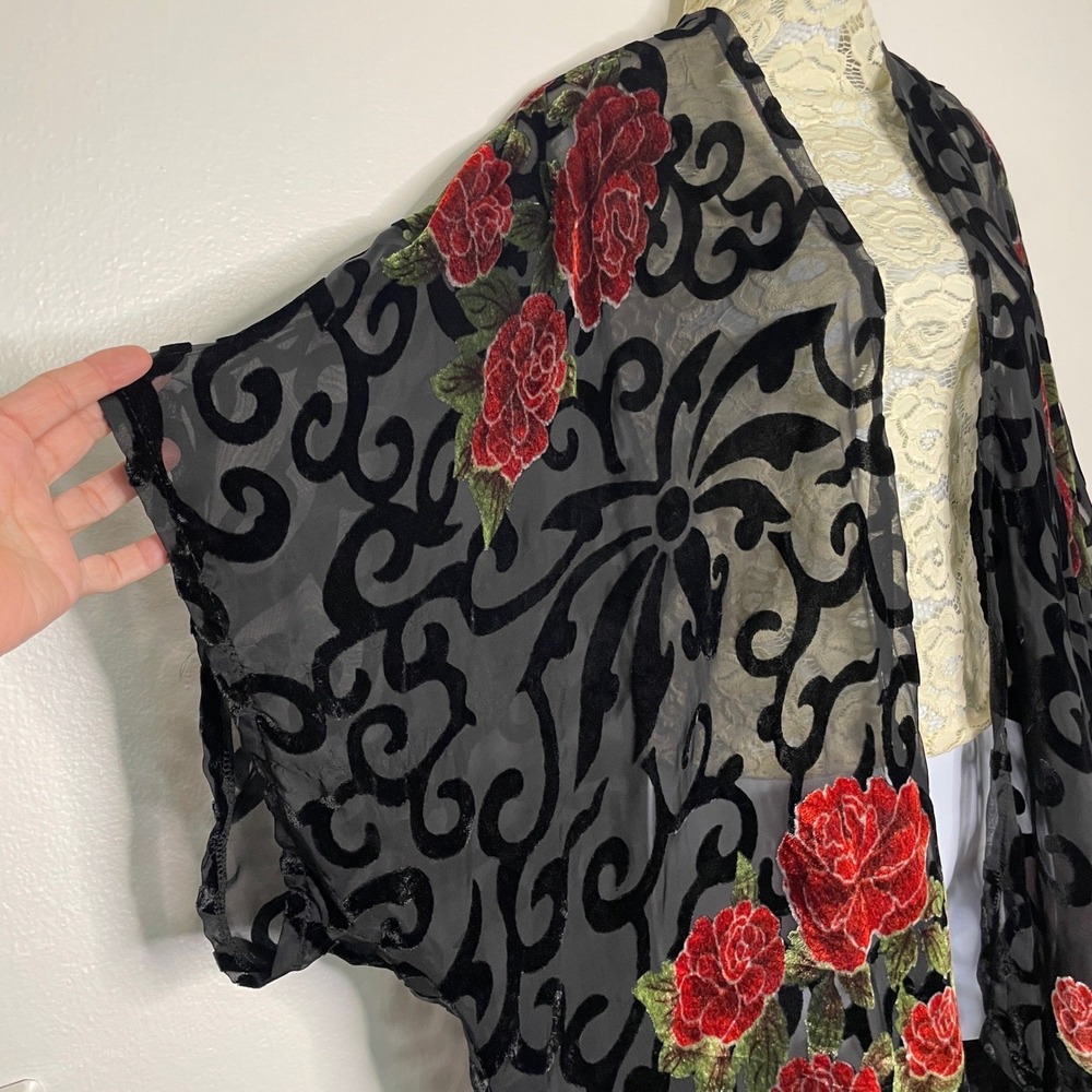 Do Everything In Love Kimono Women OS Black Red Rose Burnout Velvet Floral Sheer